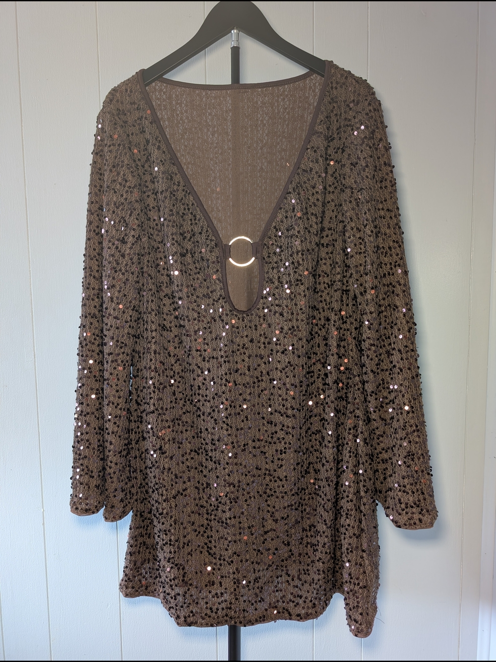 Brown Sequin Long Sleeve Mini Dress with Ring Detail